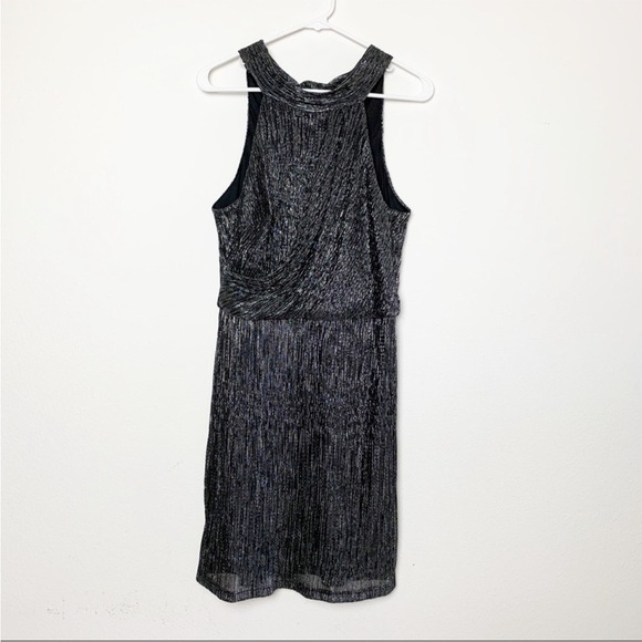 Halston Heritage Metallic Knit Halter Tie Back Dress Black Silver 12 - Picture 2 of 12